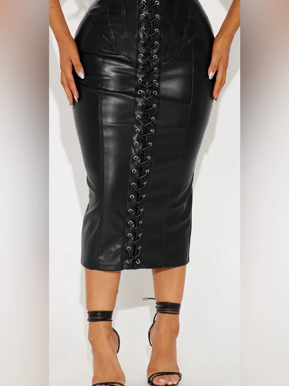 NWT fashion nova Black Faux Leather Lace-Up Midi Skirt size S